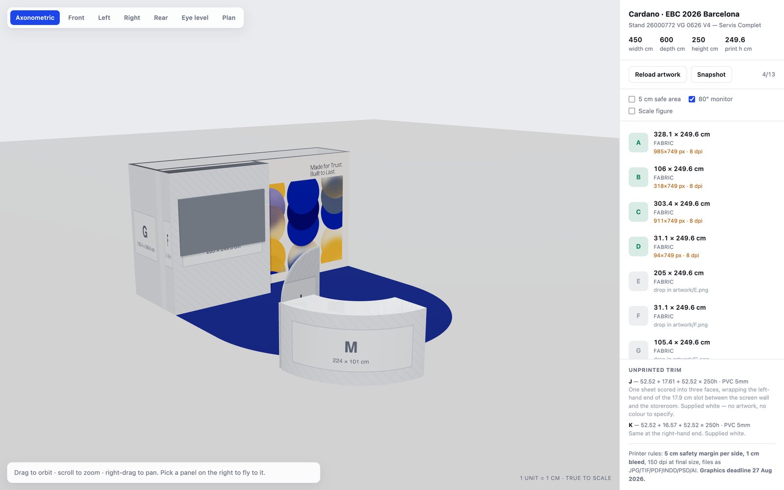 The booth viewer: a 3D model of the stand with every printed panel listed by size, material and print resolution